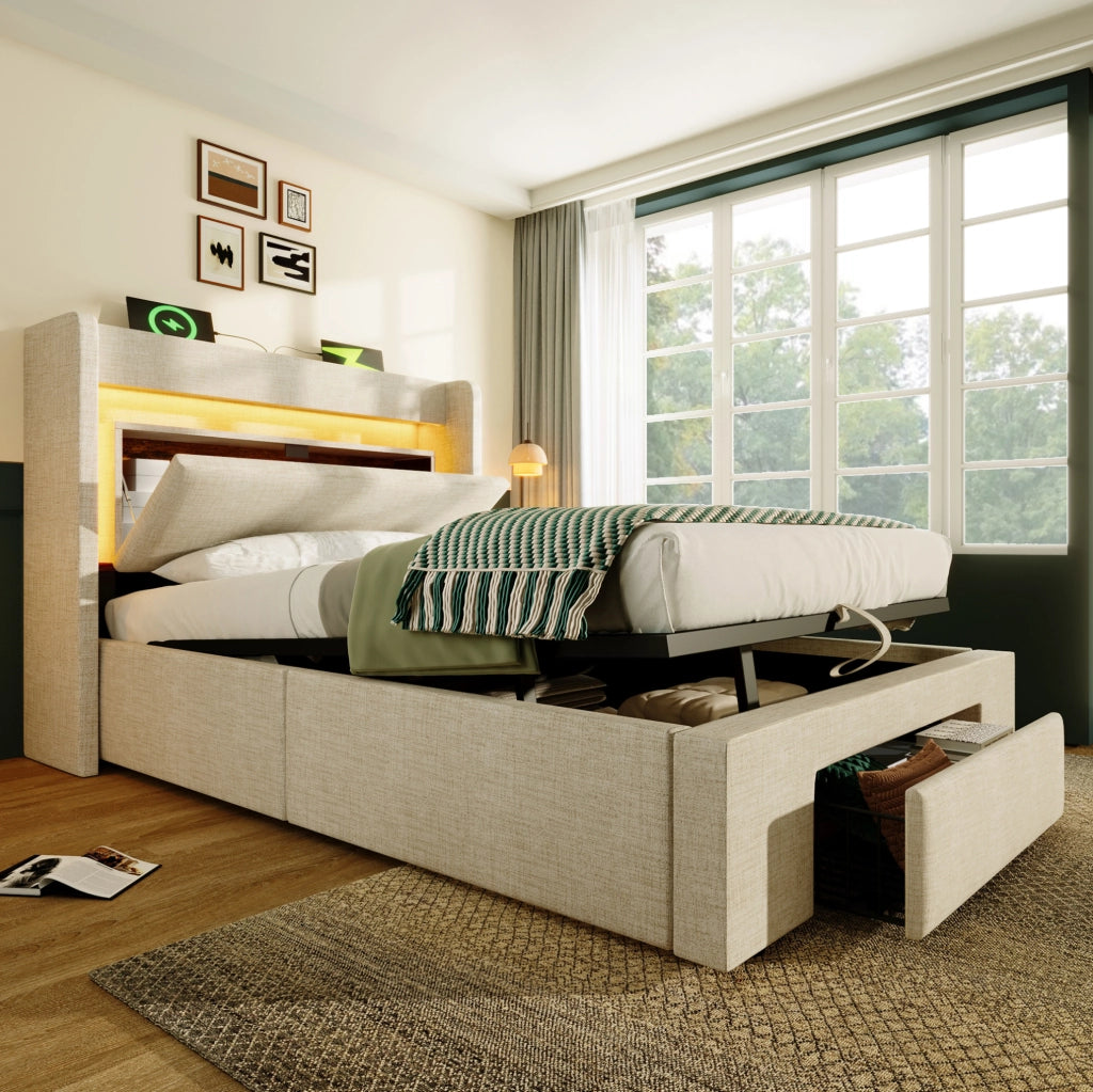 Letto imbottito 90x200 cm beige in lino con contenitore; testiera con USB e LED