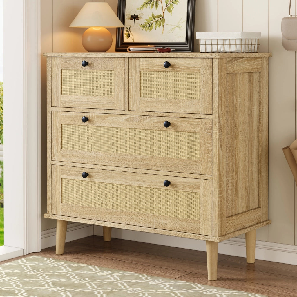 Chest of drawers with four rattan drawers - Zephmum- Solid wood legs