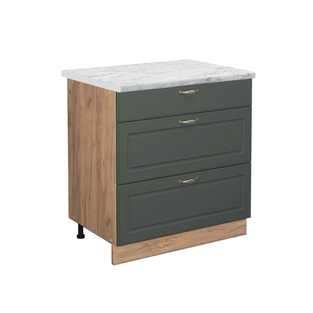 Mobiletto base per cucina Fame-Line Verde-oro rustico/Rovere dorato 80 cm con 3 cassetti, PL Marmo Vicco