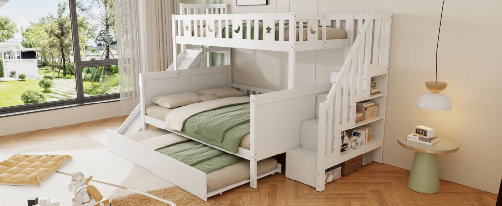 DESMIU Lit a castello per bambini 90 × 200 cm e 140 × 200 cm con scivolo, scala, vano contenitore e letto estraibile, senza materasso, bianco