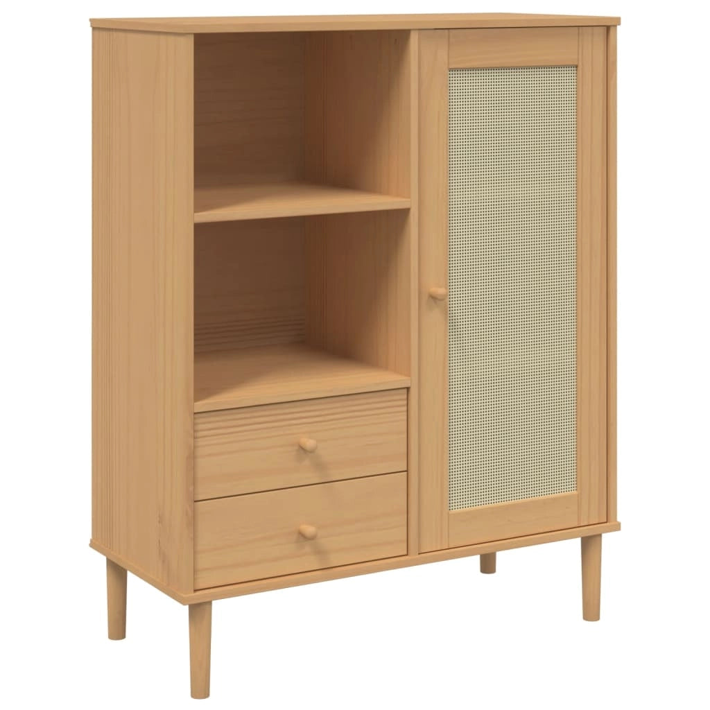 Buffet credenza cassettiera armadio mobile contenitore organizer per cucina soggiorno salotto effetto rattan 90 x 40 x 112 cm legno di pino massiccio marrone 02_0036234
