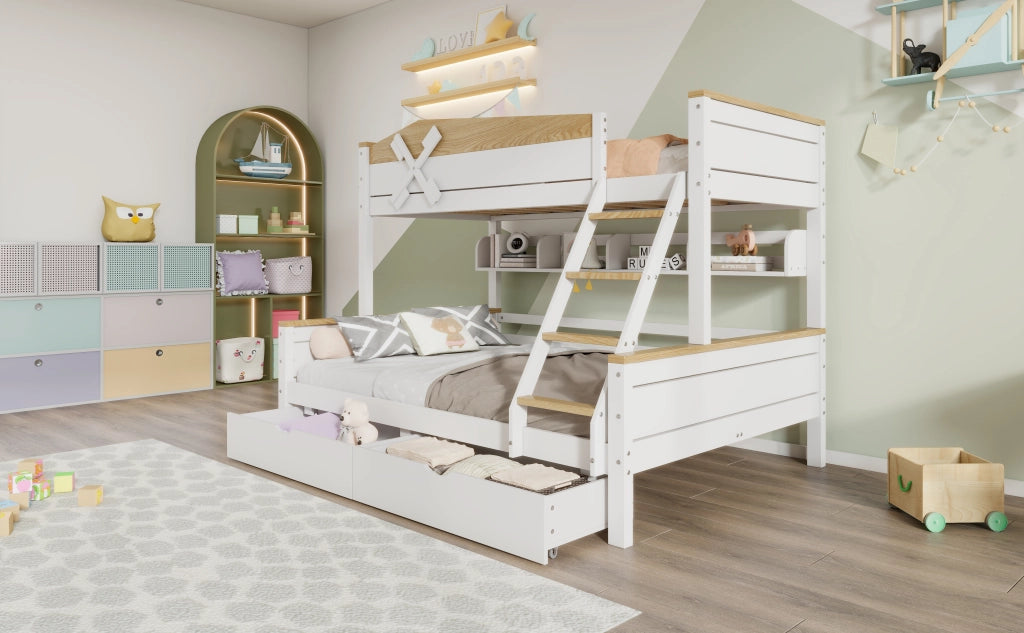 LETTO a castello con mulino a vento e scaffali 90x200+140x200 cm Bianco/Naturale