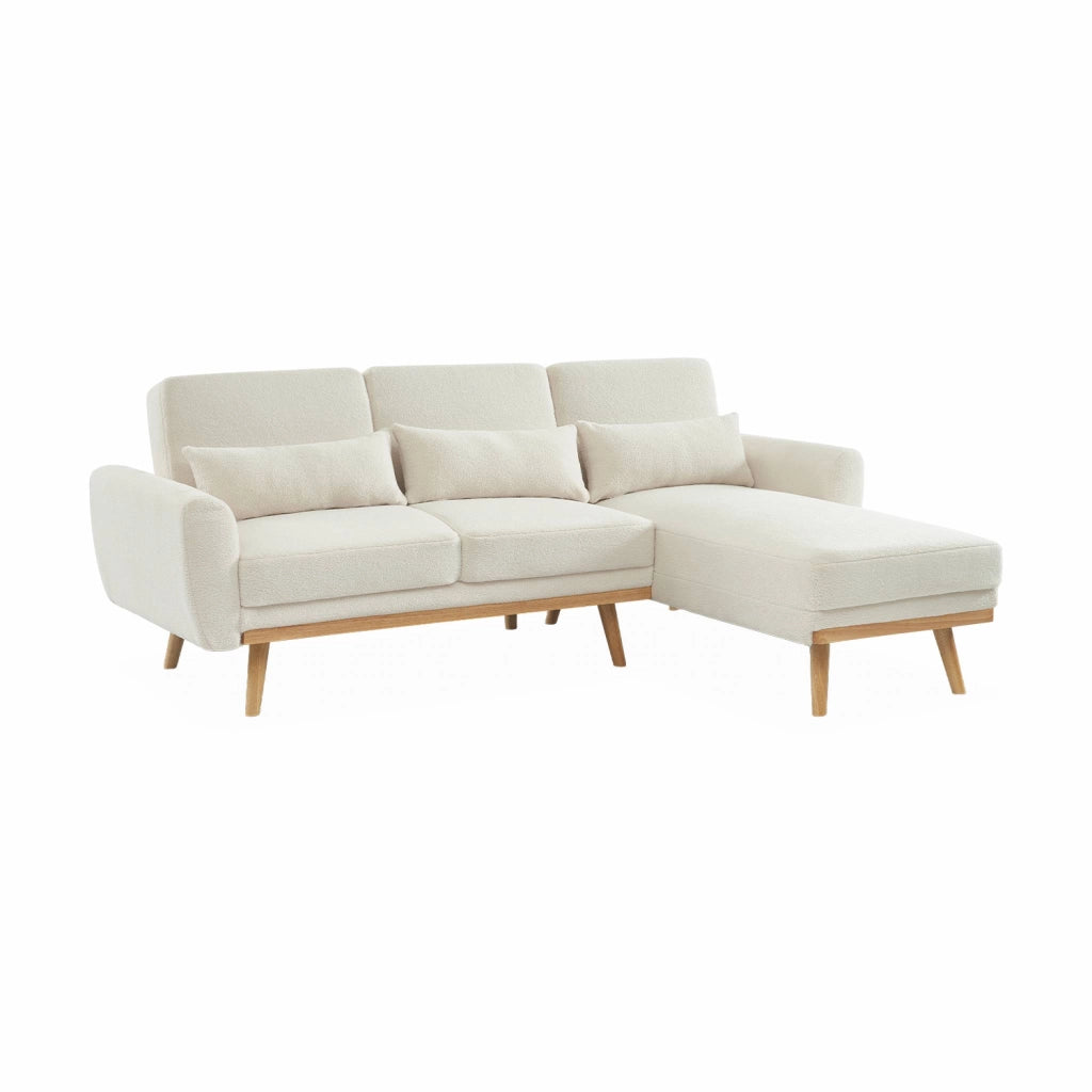 Divano letto angolare reversibile in tessuto bouclé, 3 posti, crema