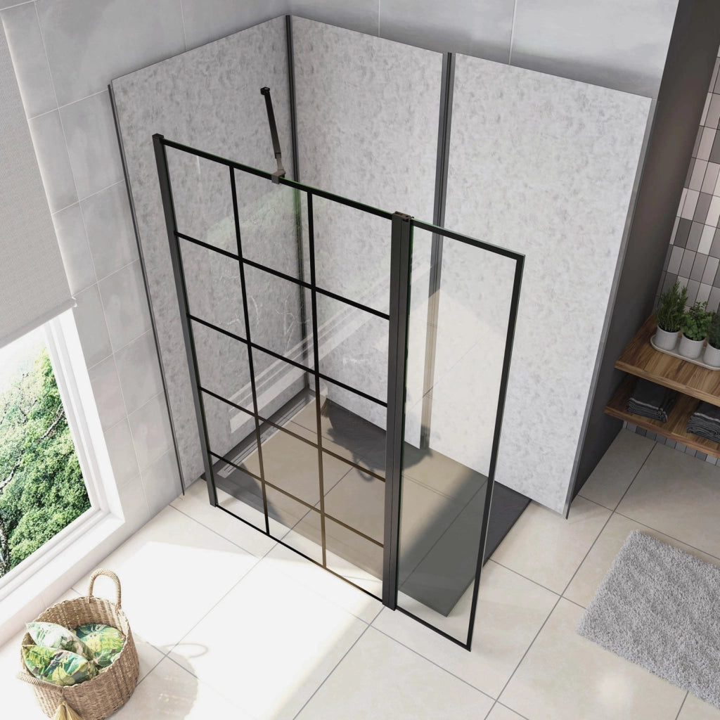 Box Doccia Parete Fissa 100x200cm con Paraspruzzo 40cm Vetro 8 mm Temperato Anticalcare Serigrafia Riquadri Neri Barra Stabilizzatrice Regolabile 73-120 cm