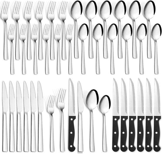 Set da tavola per 6 persone – 36 pezzi – con coltelli da steak – in acciaio inossidabile – lucidato a elevato grado – resistente al lavastoviglie – per uso domestico, festivo e professionale