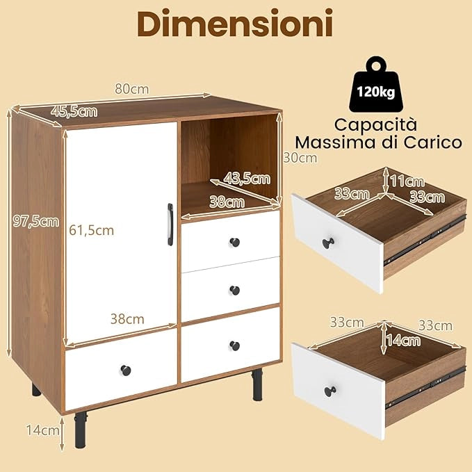Credenza a Buffet, Armadietto da Cucina con 4 Cassetti, Scomparto Aperto e Gambe in Metallo, per Sala da Pranzo, Soggiorno, Ingresso, 80 x 45,5 x 97,5 cm (Naturale)