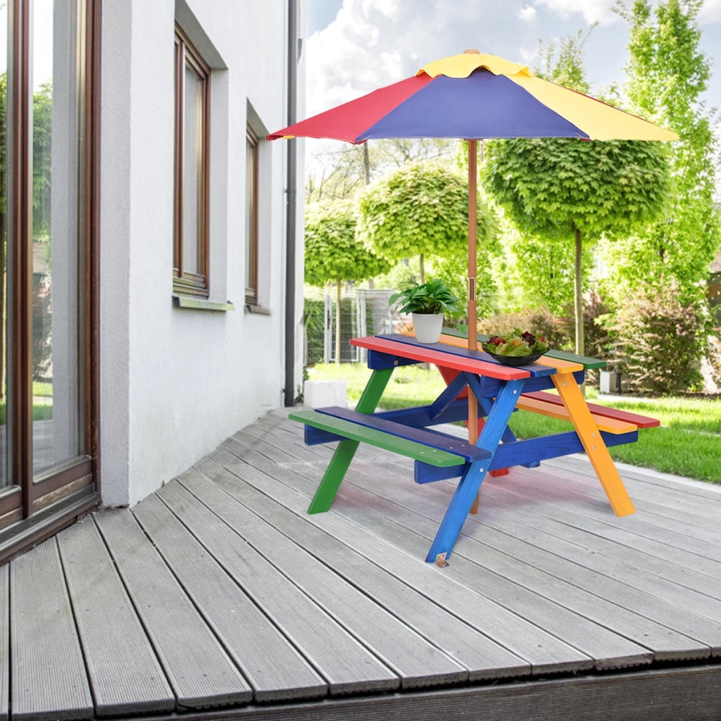 Set con tavolo picnic di legno e ombrellone per bambini, Tavolo e panchina con 4 posti e ombrellone pieghevoli