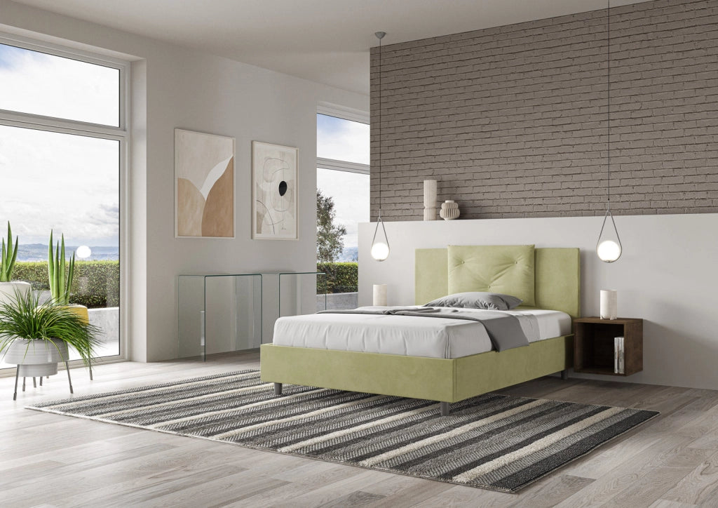 Letto matrimoniale francese senza rete imbottito 140x190 microfibra tè verde Appia