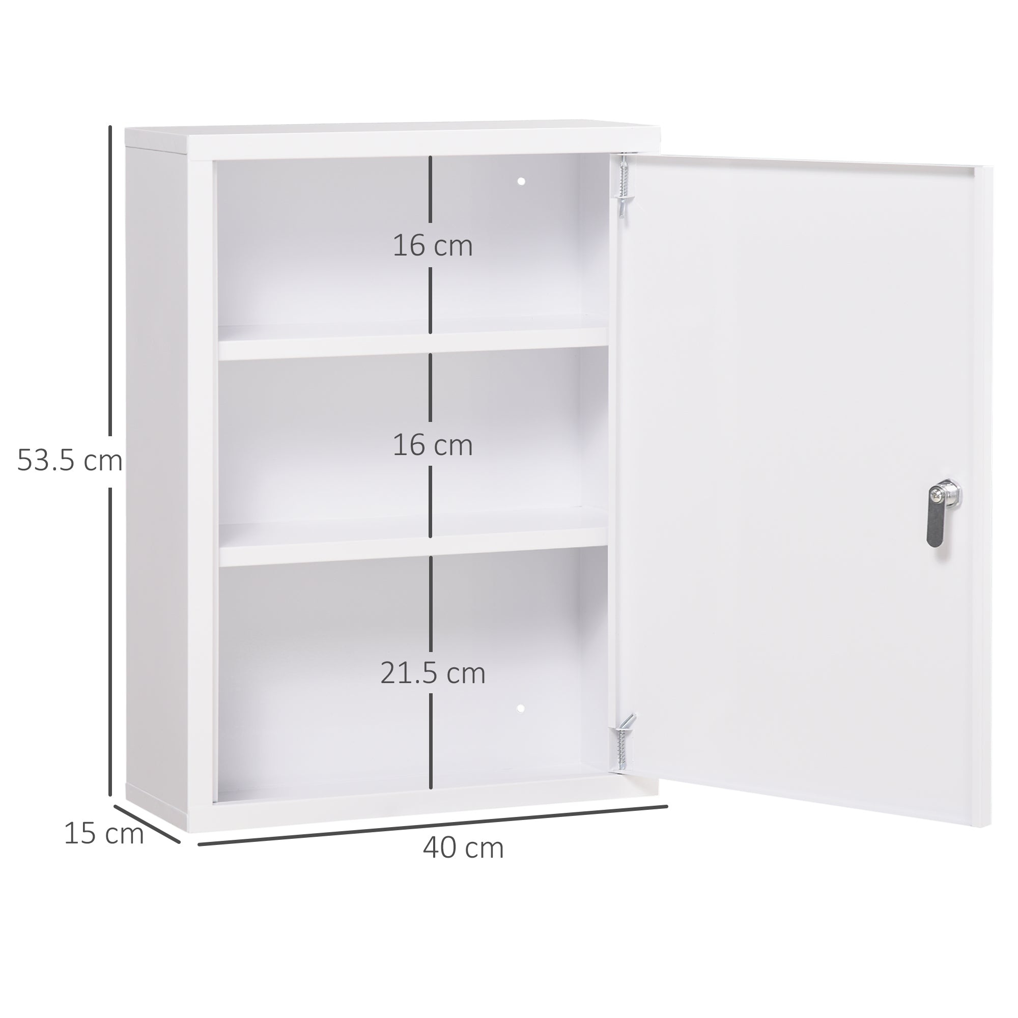 Armadietto Medicinali a 3 Ripiani 40x15x53,5 cm con Serratura e 2 Chiavi in Acciaio Bianco
