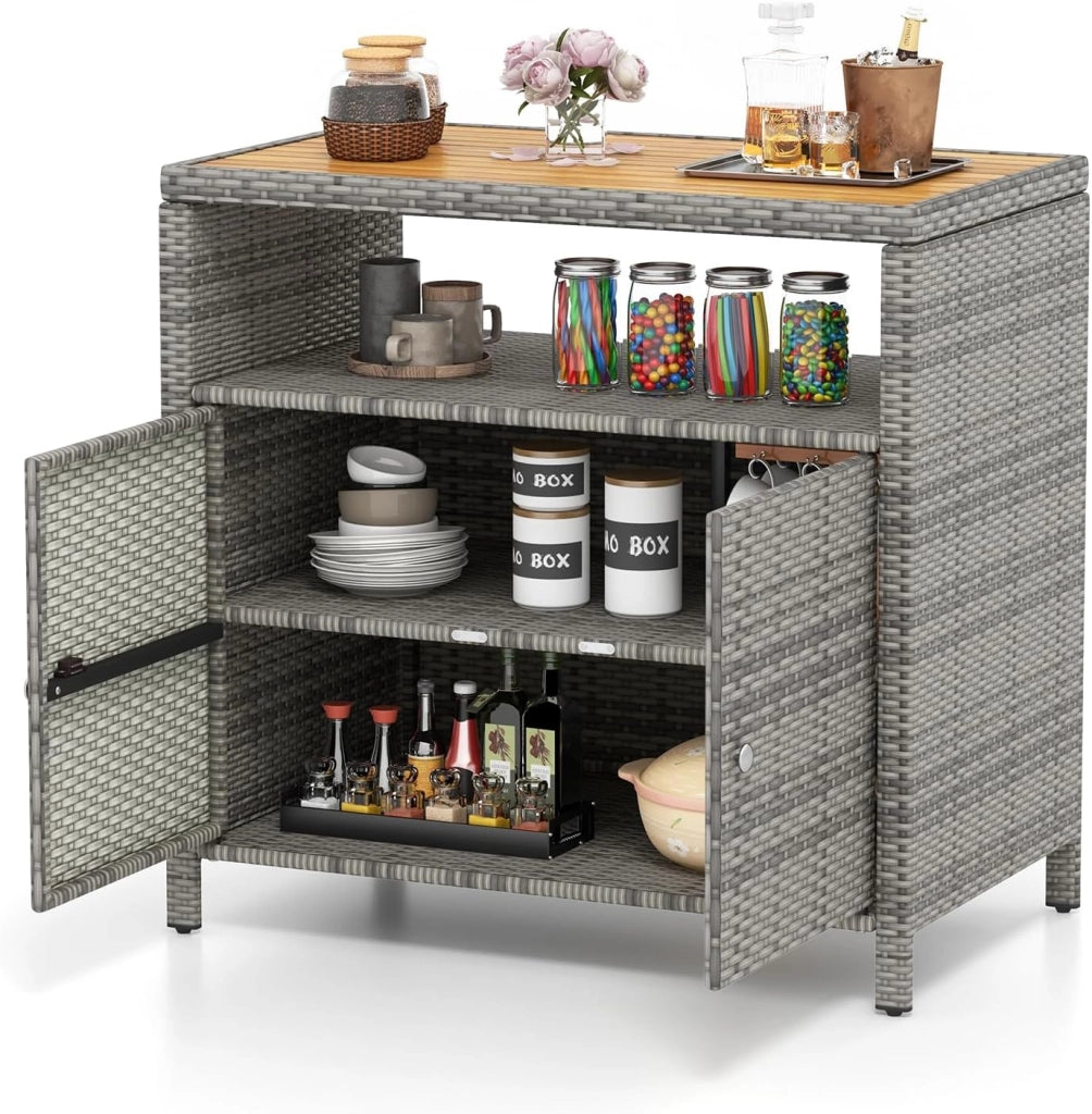 Armadietto Portaoggetti in Rattan, Mobile Buffet per Esterni in Legno di Acacia, Con Compartimento Aperto e Armadio Chiuso a 2 Ante, per Piscina, Terrazza e Patio, 90 x 53 x 86 cm (Marrone)