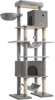 Feandrea Albero per Gatti Grande, Tiragraffi Multilivello XXL, Alto 201 cm, con una Piattaforma, un'Amaca, 2 Casette per Gatti, 2 Amache, Kit Antiribaltamento, Grigio Chiaro PCT195G01V1