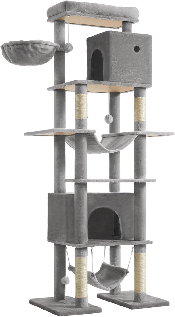 Feandrea Albero per Gatti Grande, Tiragraffi Multilivello XXL, Alto 201 cm, con una Piattaforma, un'Amaca, 2 Casette per Gatti, 2 Amache, Kit Antiribaltamento, Grigio Chiaro PCT195G01V1