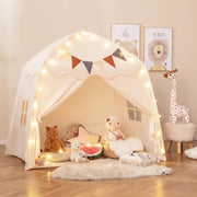 Tenda per Bambini con Luci Fatate e Bandierine, Tenda Casetta da Gioco con 2 Finestre, Tenda Gioco Castello Portatile per Interni ed Esterni, 157 x 98 x 148 cm (Beige)