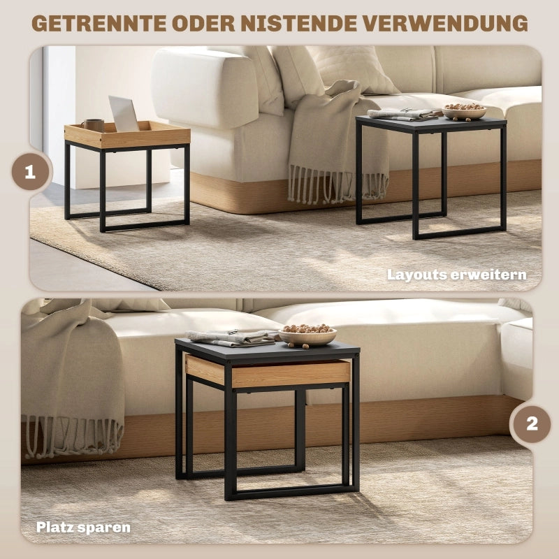 Tavolini bassi impilabili set da 2 pezzi in MDF e acciaio con vassoio rimovibile, design moderno, per soggiorno, nero
