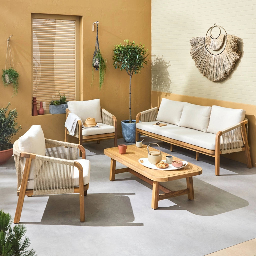 Salotto da giardino in legno e corda, 5 posti, beige