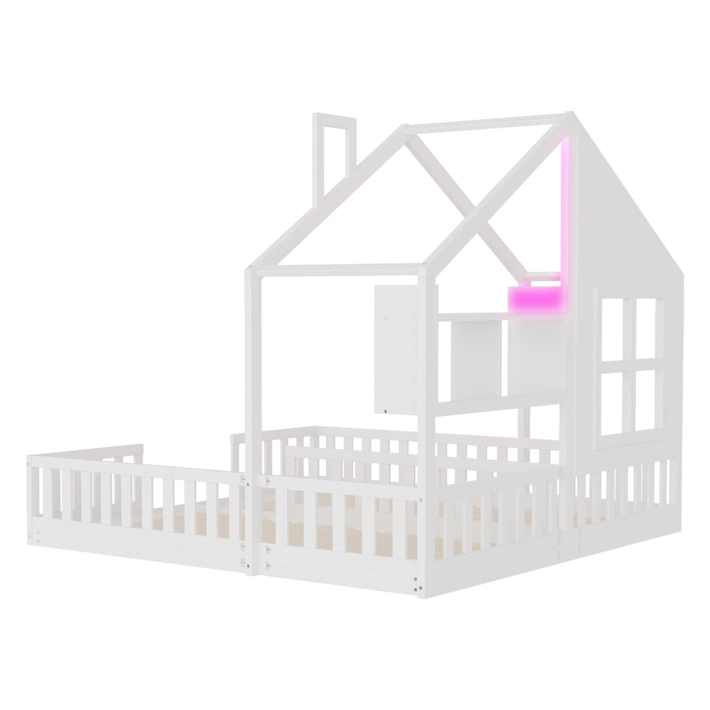 Letto per bambini 2 posti 90×200 cm e 90×200 cm con LED, barriere e ripiani, con rete, senza materasso, bianco