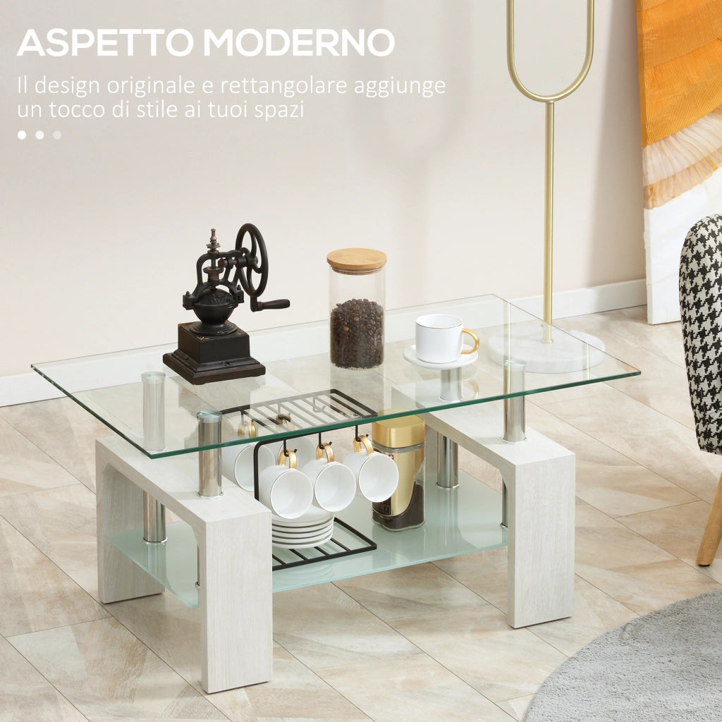 EasyComfort Tavolino da Caffè Moderno a 2 Livelli in Vetro e Legno, 90x50x42cm, Bianco