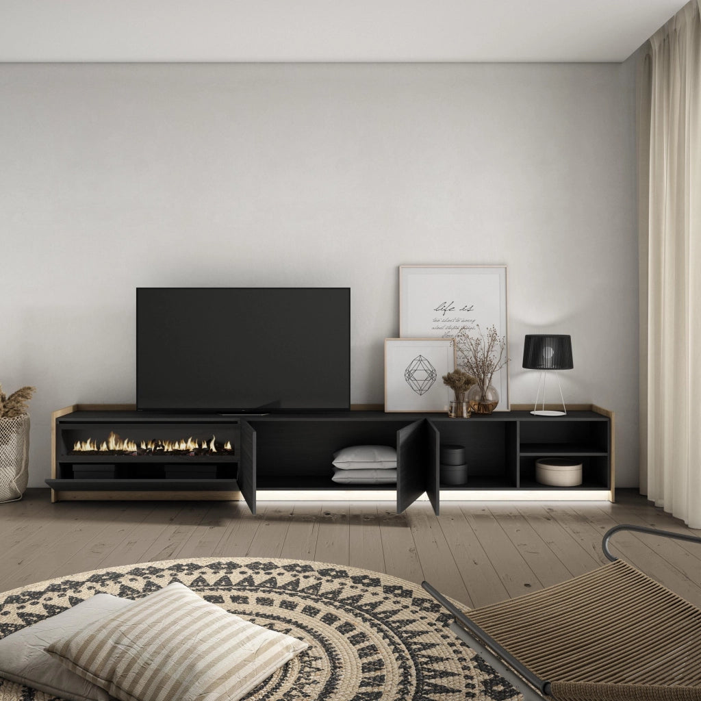 Mobile TV Soggiorno, 310x50x37 cm, Per TV fino a 80", Camino elettrico, LED, Nero e rovere