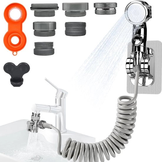 Douchetta per lavabo con tubo, testa da doccia con funzione di arresto, douchetta per lavabo con tubo, contenitore per testa da doccia e rubinetto a goccia, douchetta per lavabo per bagno lavabo per capelli