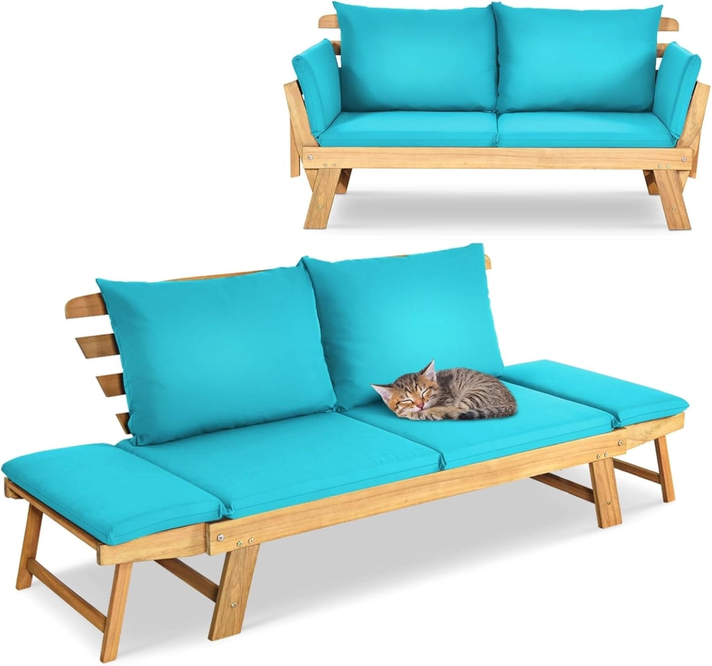 Divano Letto Pieghevole con Materasso da 2 Persone, Poltrona Sofa da 2 Persone Struttura in Legno, Moderno Divano Letto Pieghevole da Esterno, Grigio/Beige (Turchese)