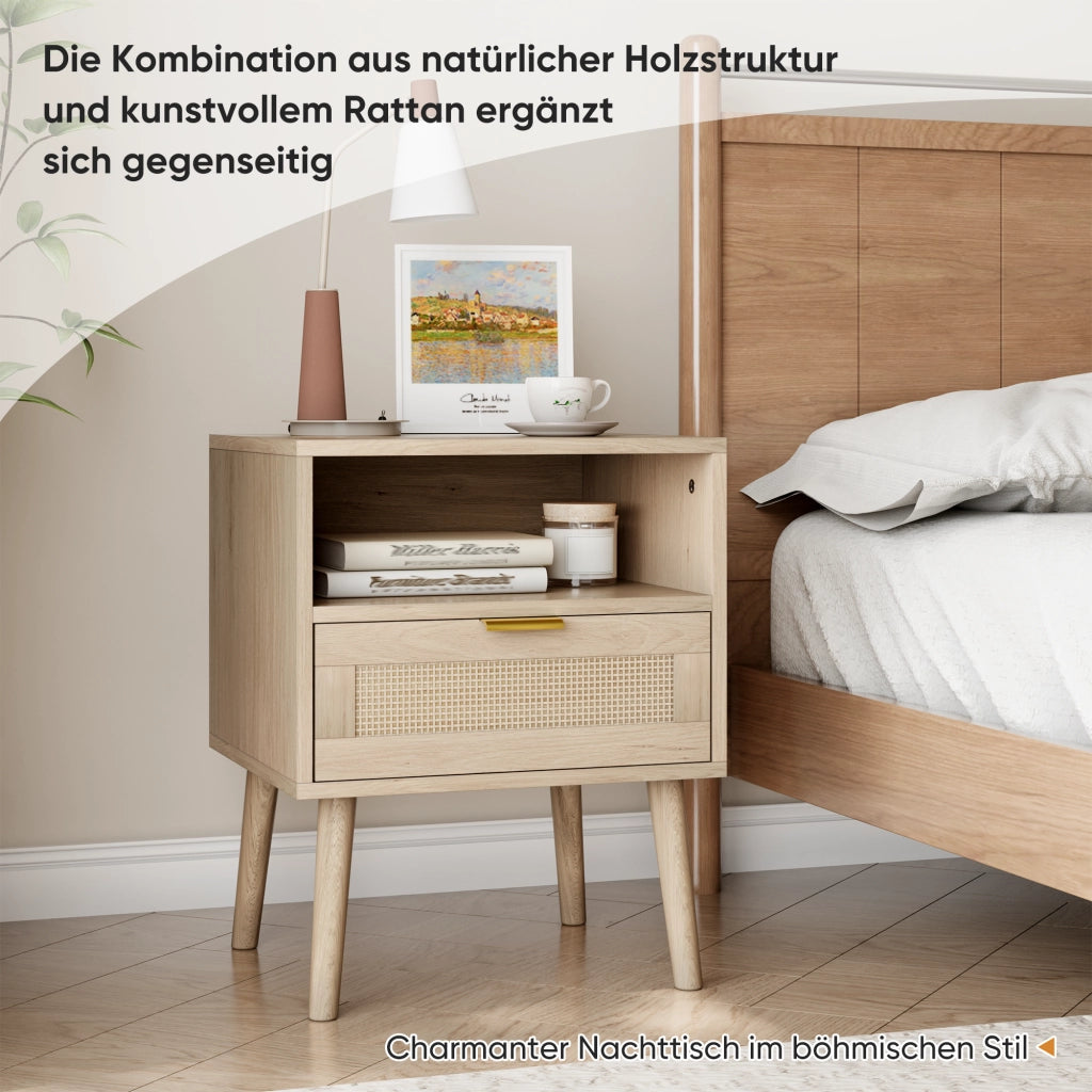 Comodino in rattan con 1 cassetto e 1 vano aperto, maniglia dorata, stile boho, per camera da letto, 45 × 40 × 55 cm