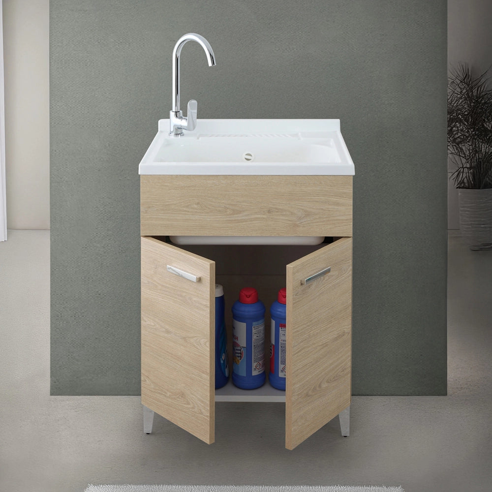 Mobile lavatoio 60x50 cm rovere con vasca in resina e asse lavapanni