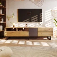 Mobile TV Moderno Colorblocking con Venature in Legno e Superficie Lucida, Design Irregolare, Senza Maniglia, Rovere + Antracite, Nero