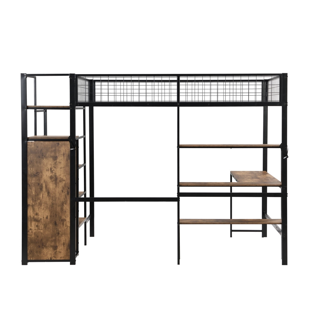 Letto a castello nero marrone con scrivania e armadio in metallo e MDF 140x200 cm