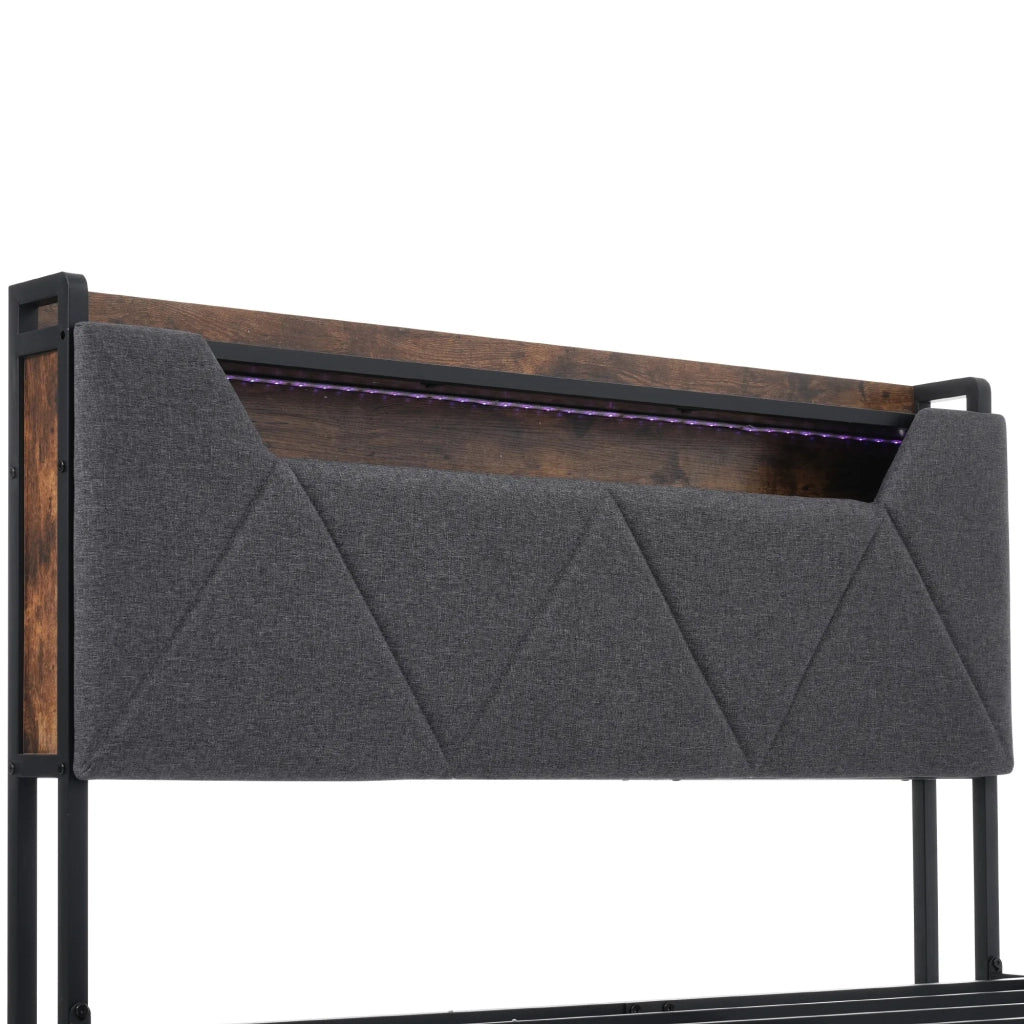 Letto matrimoniale imbottito 140x200 cm con LED; USB-C; testiera contenitore; 2 cassetti e rete; grigio