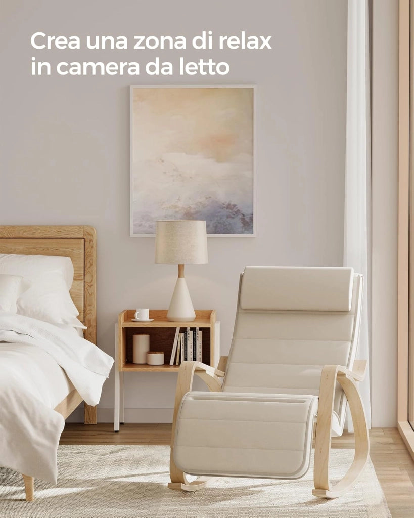 SONGMICS Sedia a Dondolo con Braccioli in Legno di Betulla, Poltrona a Dondolo con Poggiapiedi Regolabile in 5 Posizioni, Max Portata 150 kg, Soggiorno Cameretta, Beige LYY10M