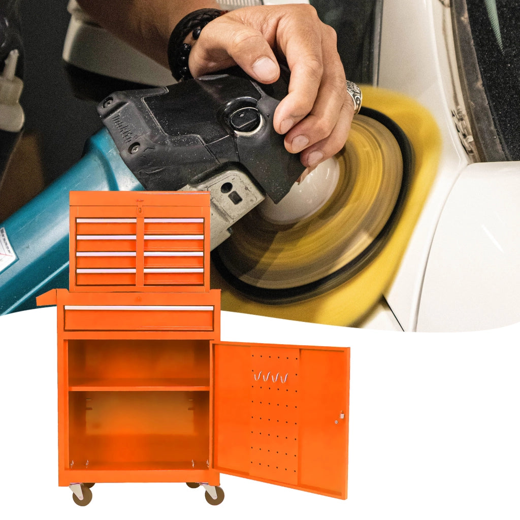 Mobile contenitore in acciaio con 5 cassetti, ripiano regolabile e ruote, per garage e officina, arancione