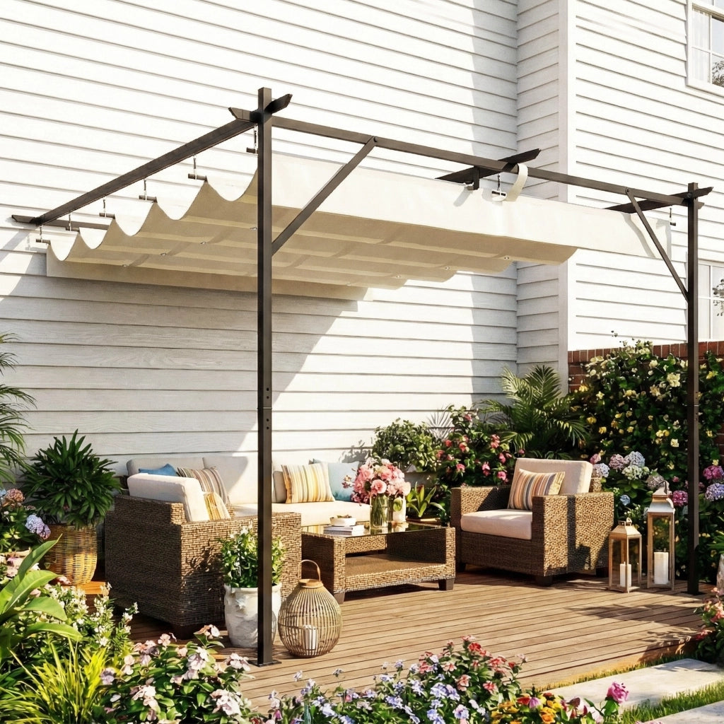Pergola Addossata 3x3 m con Tetto Scorrevole e Fori di Drenaggio Crema