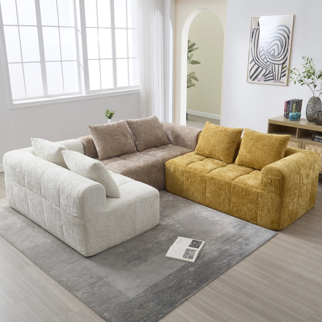 Divano ad Angolo 3 Posti con Chaise Longue Modulare; Tasche Laterali e 3 Cuscini; in Ciniglia; Cachi
