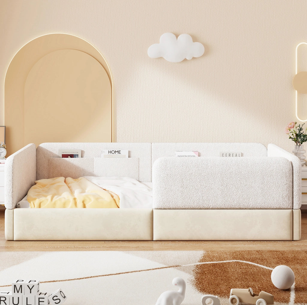 Letto imbottito 90x200 cm bianco con sponde e tasche