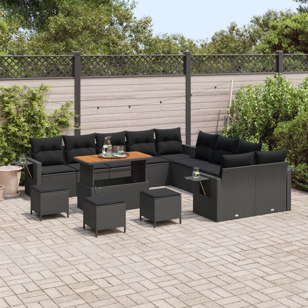 Set Divano Giardino 14 Pezzi con Cuscini Nero Polyrattan Acacia