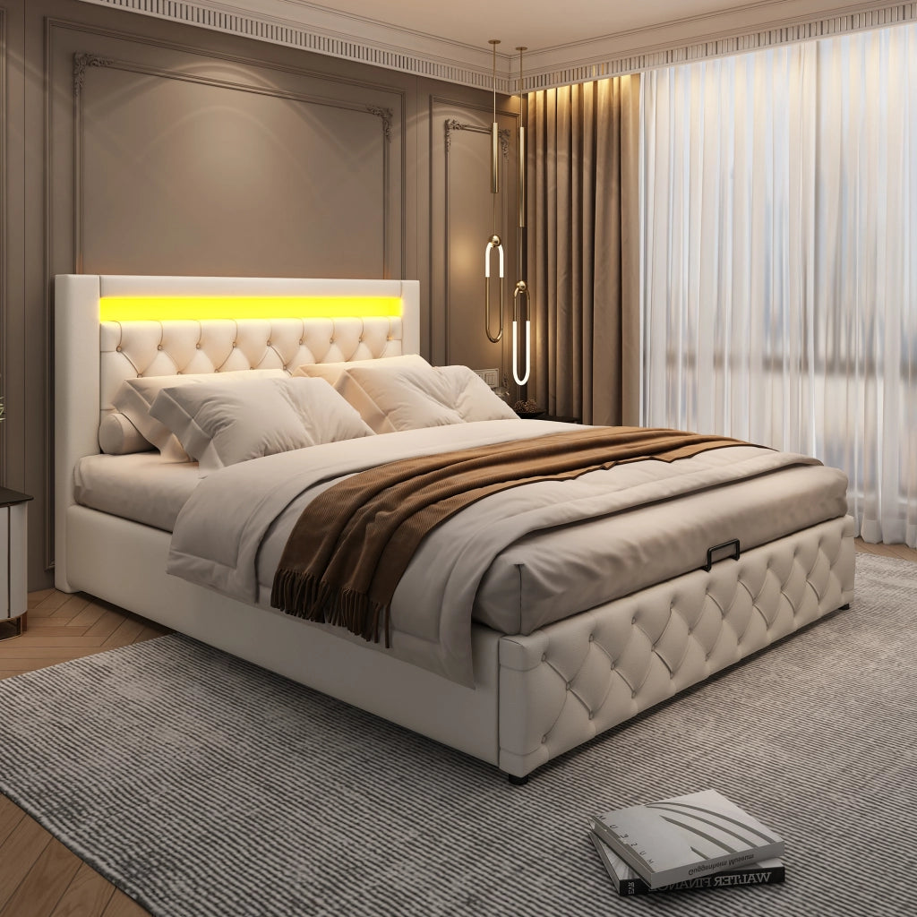 OKWISH Letto Contenitore 140×200 cm, Letto Matrimoniale con Contenitore, LED Regolabile e Telecomando, senza Materasso, in PU, Bianco