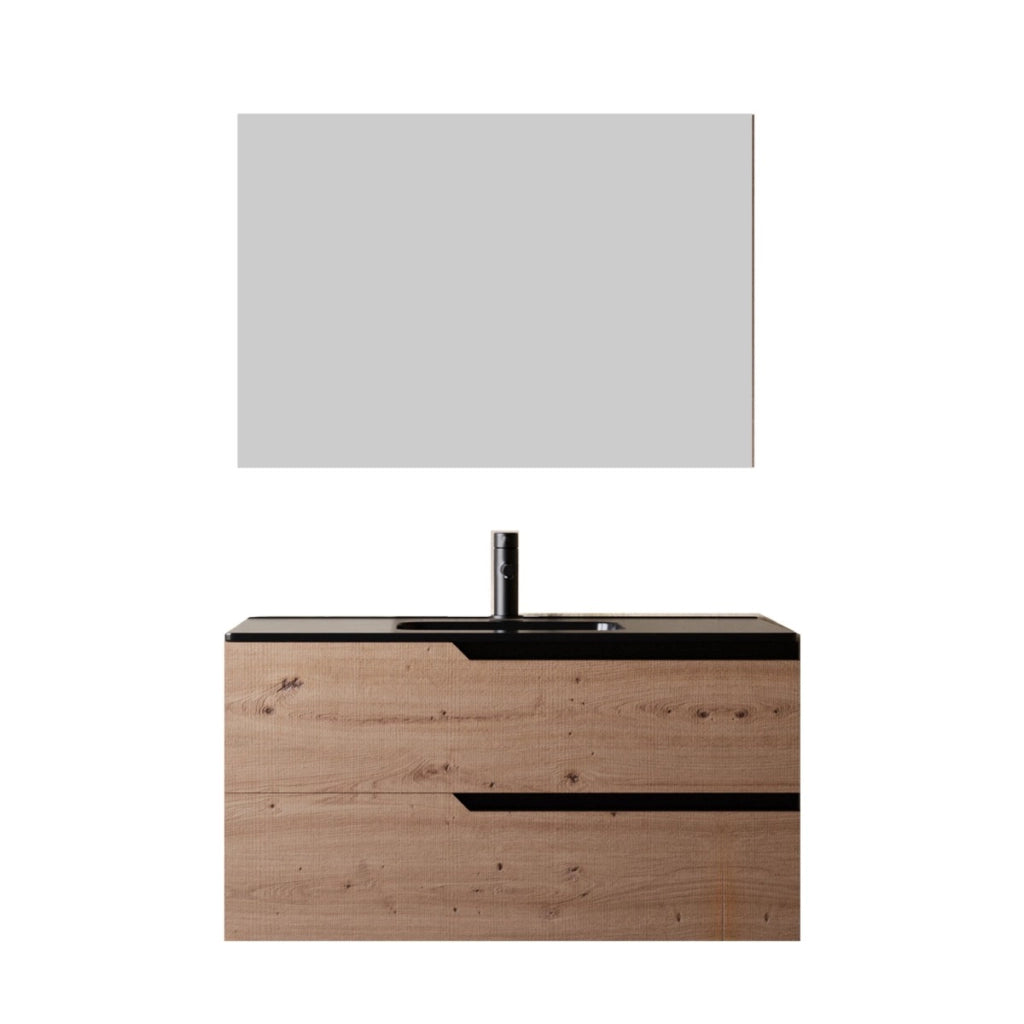 Mobile bagno 100cm sospeso rovere cartagena lavabo nero opaco - jaguar, selezione accessori senza specchio