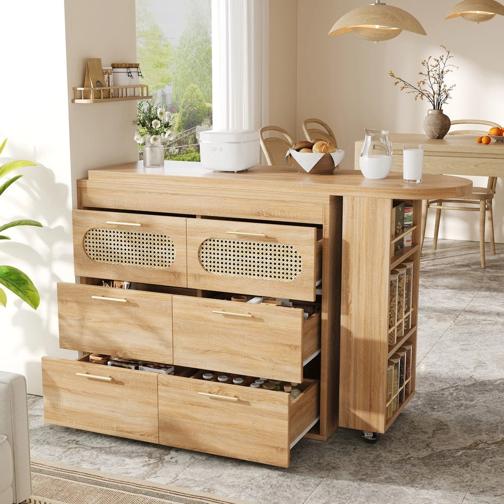 Tavolo Bar con 6 Cassetti e Ante in Rattan ¨C Xylo ¨C Girevole 360¡ã, Metallo, Salvaspazio