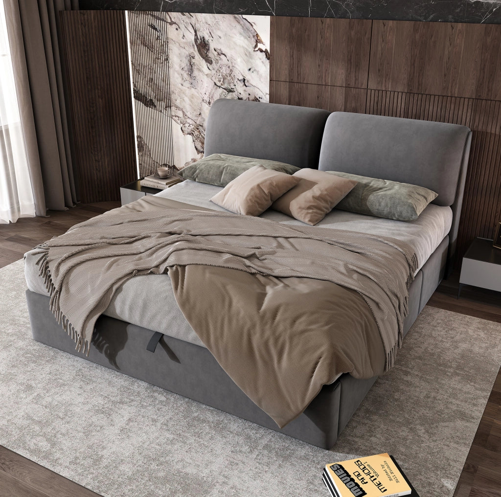 Letto matrimoniale 180x200 cm con contenitore idraulico e 3 cassetti; in velluto grigio