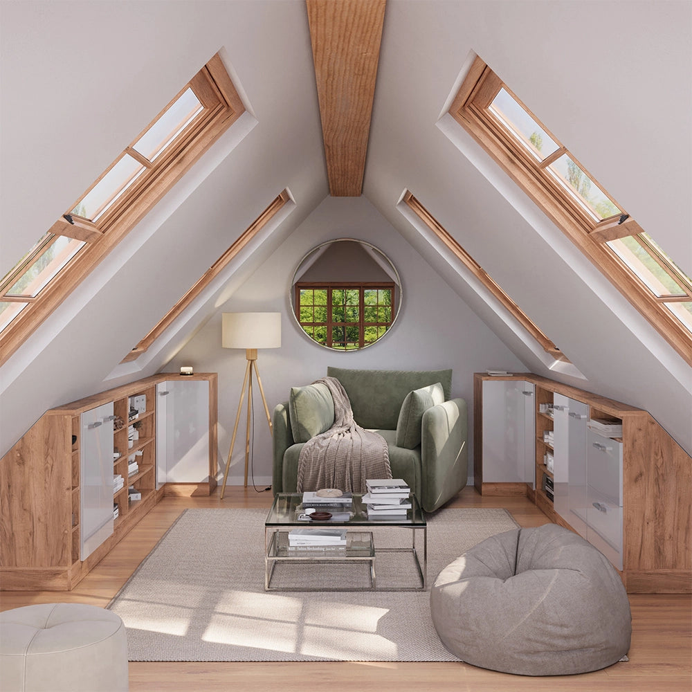 Mobile cucina angolare per sottotetto R-Line Bianco lucido/Rovere dorato 75.6 cm con 1 porta Vicco