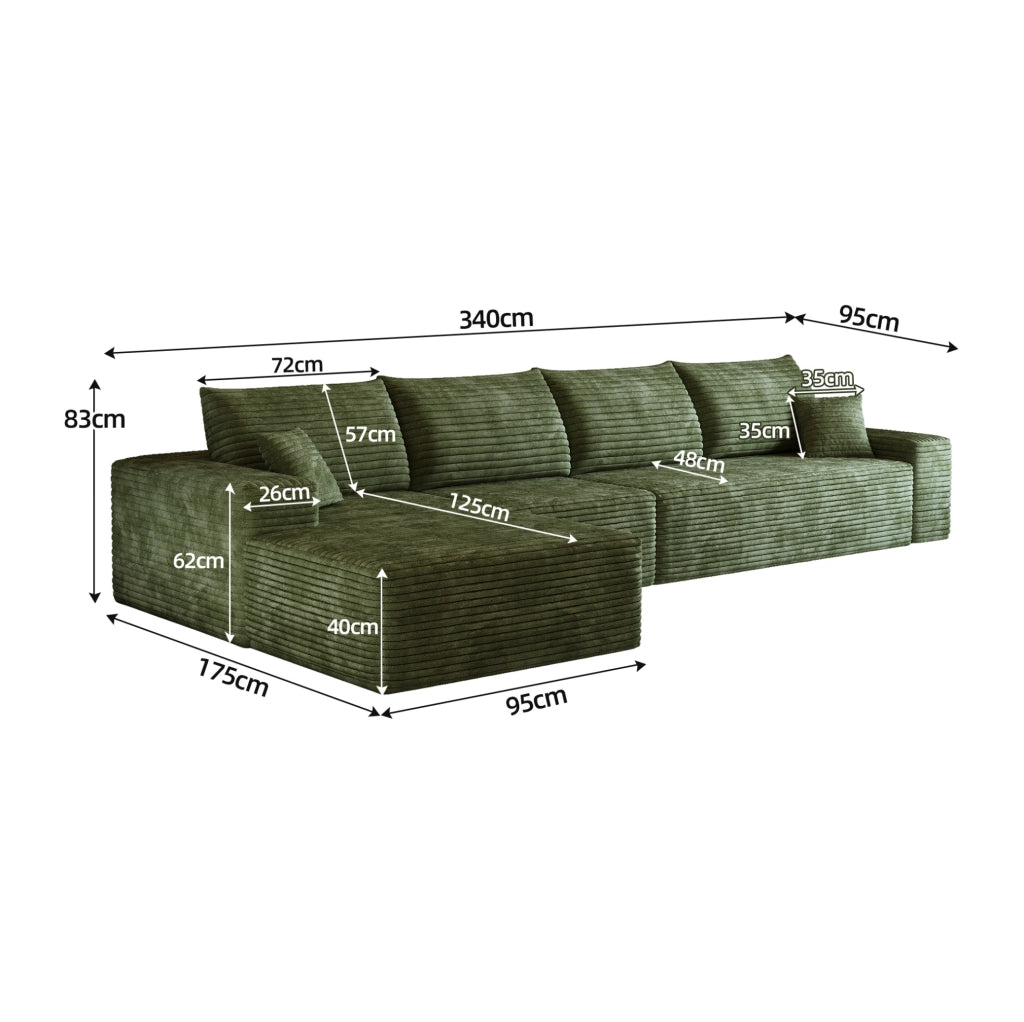 Divano angolare con chaise longue 340x175x83 cm in tessuto a coste verde