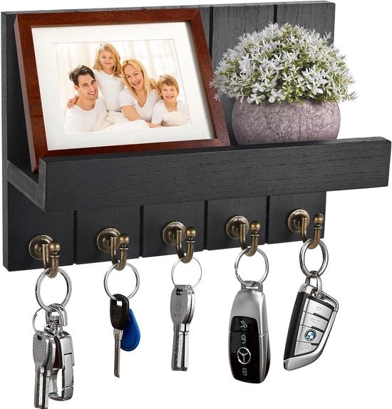 Decorazione per chiavi con pannello in legno e 5 ganci per chiavi per ingresso, soggiorno, camera da letto e salotto in nero.
