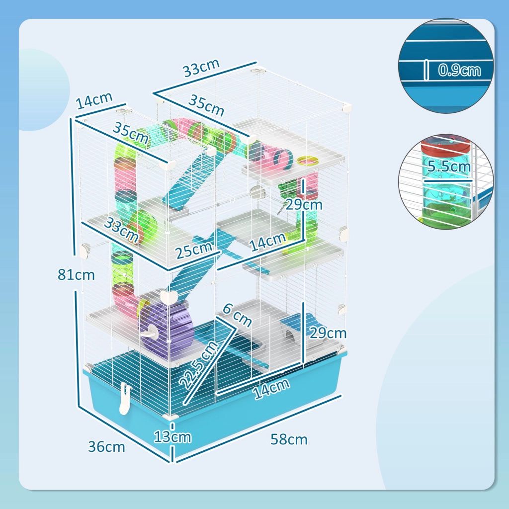 Gabbia per criceti a 6 livelli con tubi, doppia torre, 2 porte frontali in plastica azzurro chiaro 58 × 36 × 81 cm