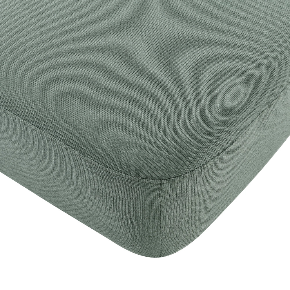 Pouf ottomano rettangolare imbottito in tessuto verde chiaro idrorepellente, modulo divano con gambe in legno, modello moderno monoposto