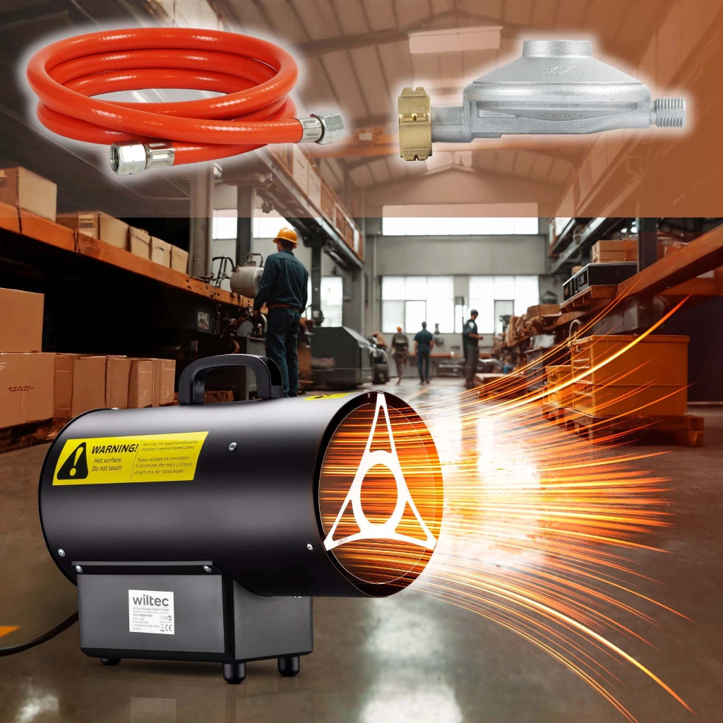 Generatore di calore a gas GPL, 15 kW 30 W 320m³/ora, cannone aria calda con avviamento piezoelettrico, incluso riduttore di pressione del gas per la Francia 700 mbar con tubo da 1,5 m