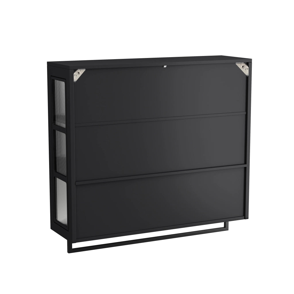 OKWISH Armadietto bagno pensile con 3 ante, ripiani rimovibili e portasciugamani, 88×26×82.5 cm, nero