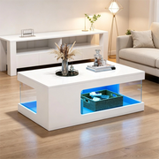 Tavolino da Caff¨¨ con LED e Ripiani in Vetro Temperato ¨C MINIMAL ¨C Bianco, 100x50x35