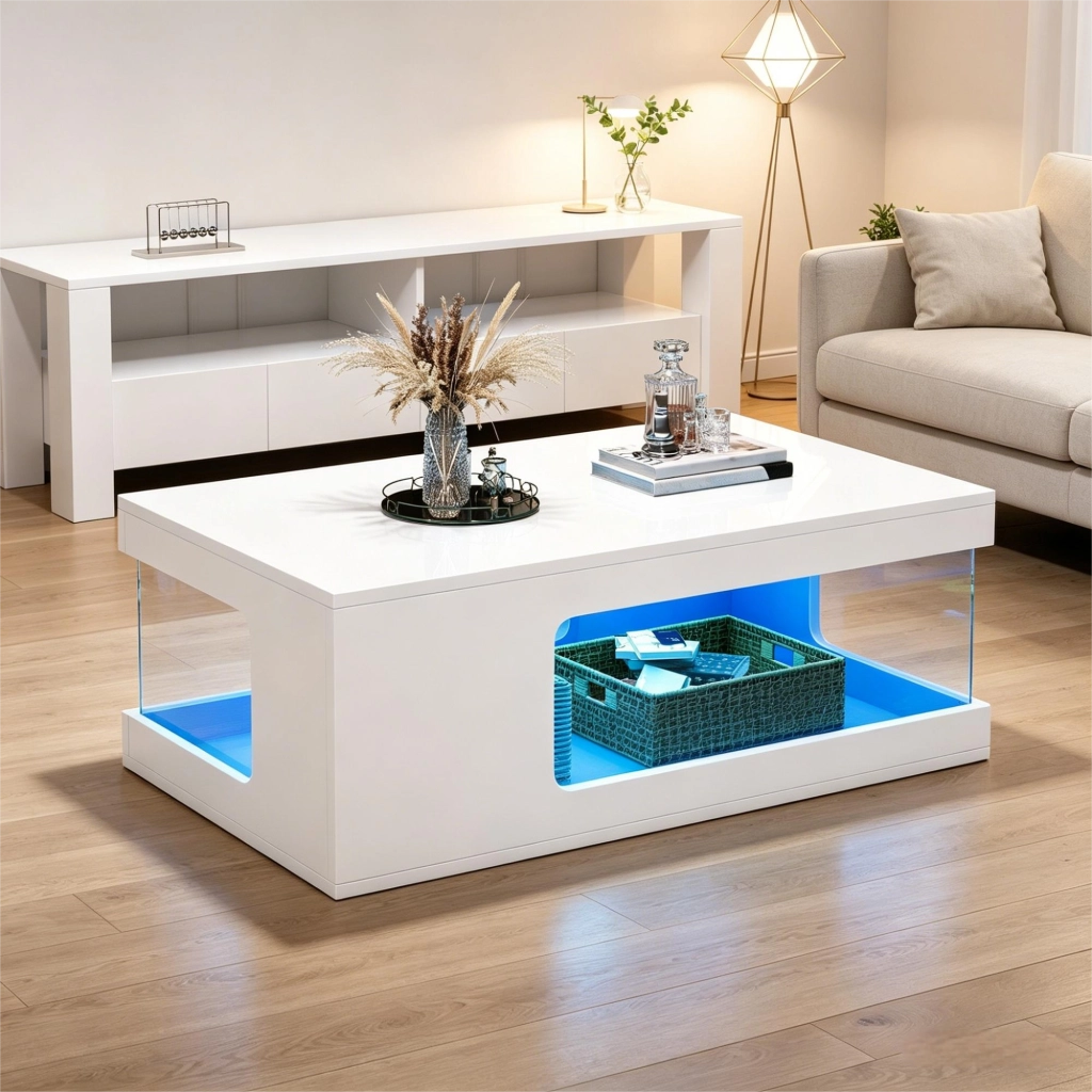 Tavolino da Caff¨¨ con LED e Ripiani in Vetro Temperato ¨C MINIMAL ¨C Bianco, 100x50x35