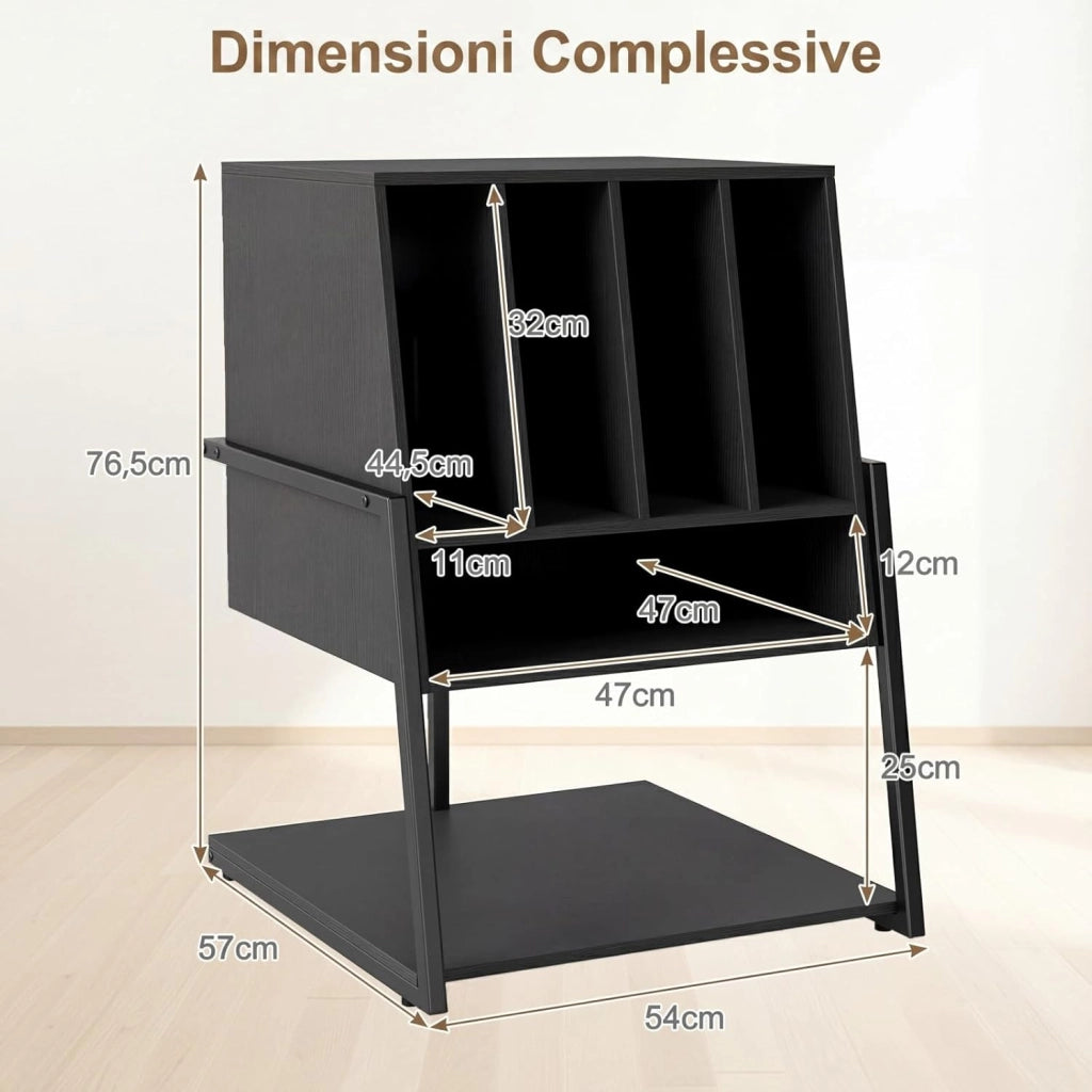 Supporto per Giradischi, Mobile Porta Giradischi con 4 Scomparti e Ripiani Aperti, Scaffale per Dischi in Legno con Ruote e Piedini Regolabili (Nero, Nessuna Presa di Corrente)