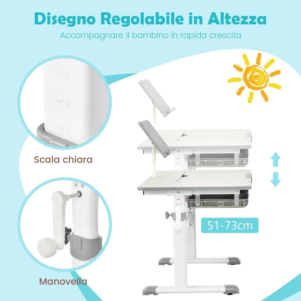Scrivania per Bambini, Tavolo per Studenti con Regolabile in Altezza, con Piano Ribaltabile, Libreria, Cassetti e Righello di Misurazione, Ergonomica, Ideale per Bambini 3-12 Anni (Grigio)
